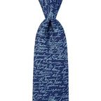 The Declaration of Independence Signers Silk Tie showcases a rich navy blue color adorned with white handwritten signatures scattered across the fabric, making it a perfect patriotic silk tie and an ideal gift for any history enthusiast.