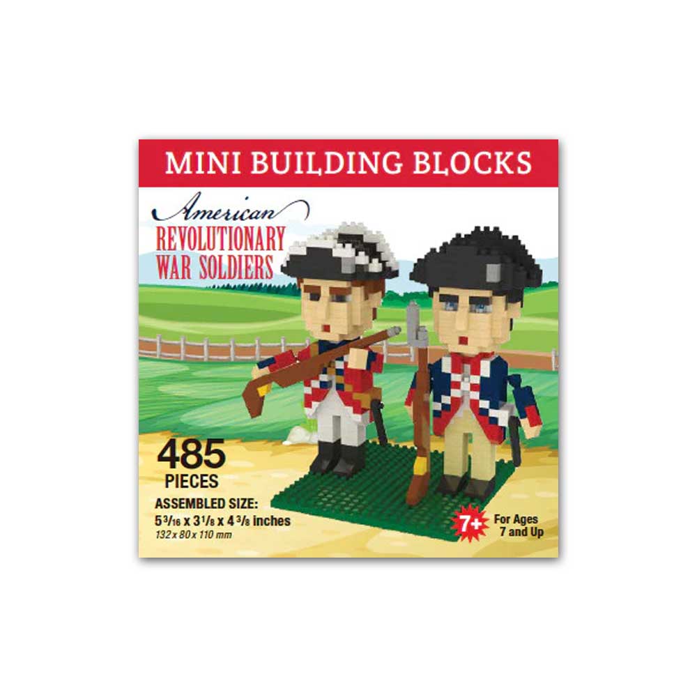 Revolutionary War Soldiers Mini Blocks set includes 485 pieces to build two soldier figures in historical uniforms with a rifle and a flag. Ideal for ages 7+, this box is perfect for history fans and budding builders.