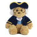The Benjamin Franklin Stuffed Bear is a plush bear wearing a blue coat, round glasses, a blue and yellow tricorn hat, and white wig-like tufts.