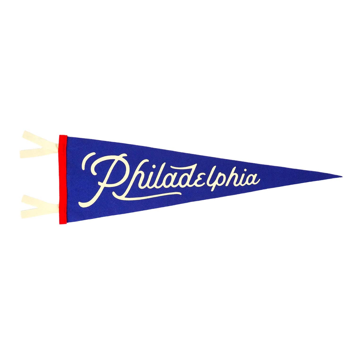 The Philadelphia Pennant is a blue wool felt flag with red trim, white ties, and "Philadelphia" in white cursive.