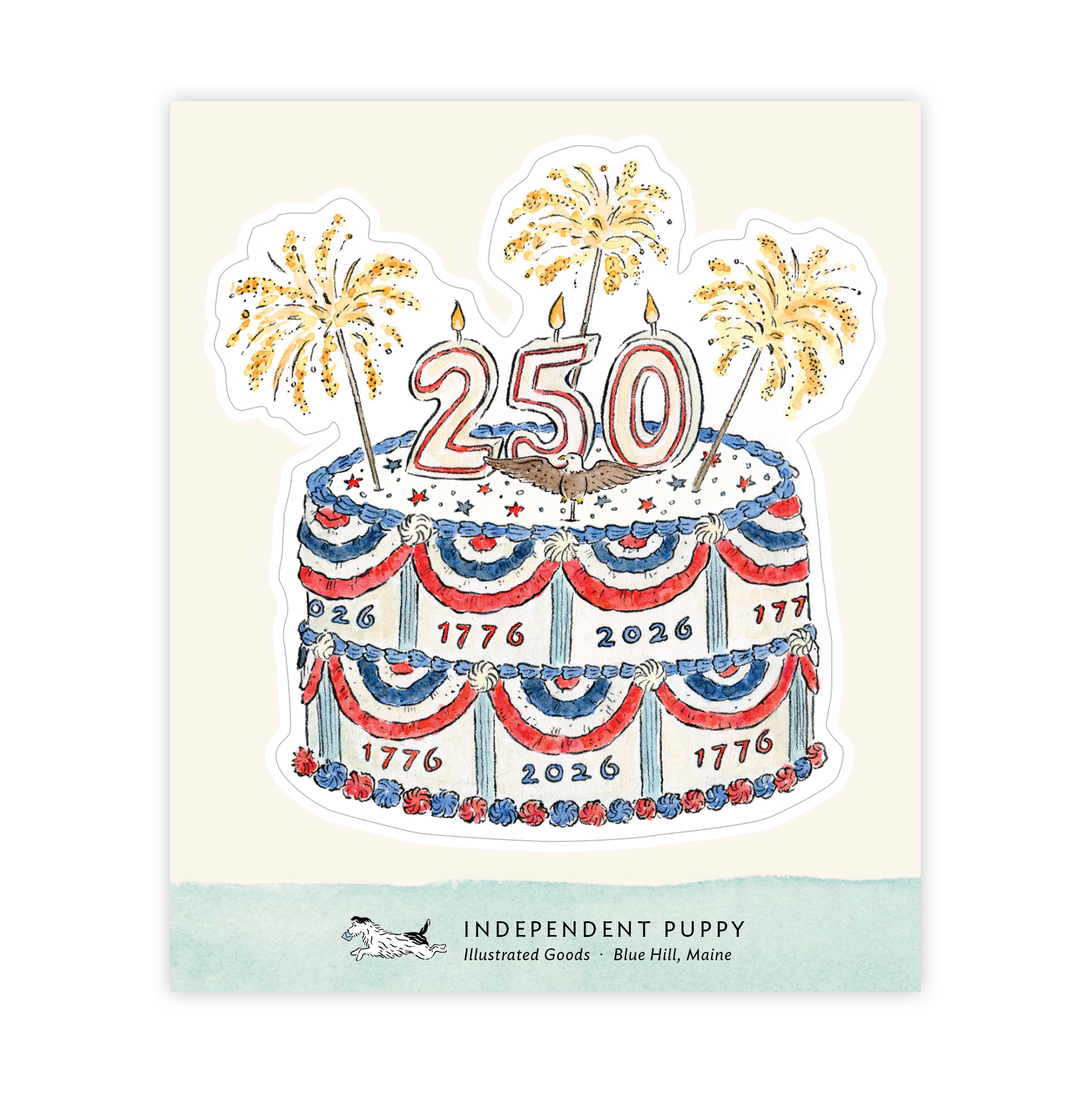 America's 250th Birthday Cake Sticker features a festive cake with red, white, and blue bunting, “1776” and “2026” on the sides, and “250” candle fireworks—perfect for celebrating America’s 250th anniversary!.