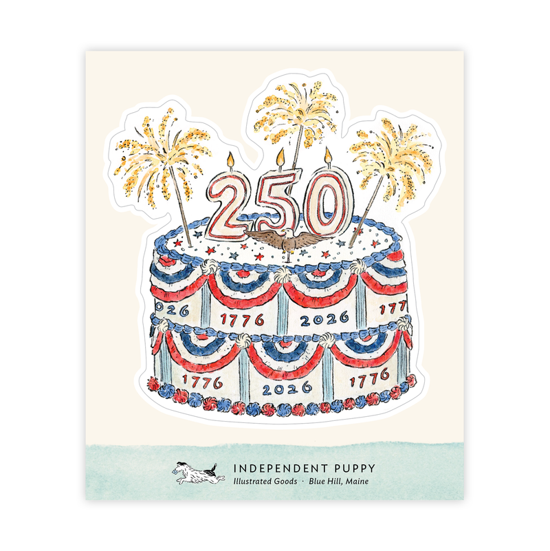 America's 250th Birthday Cake Sticker features a festive cake with red, white, and blue bunting, “1776” and “2026” on the sides, and “250” candle fireworks—perfect for celebrating America’s 250th anniversary!.