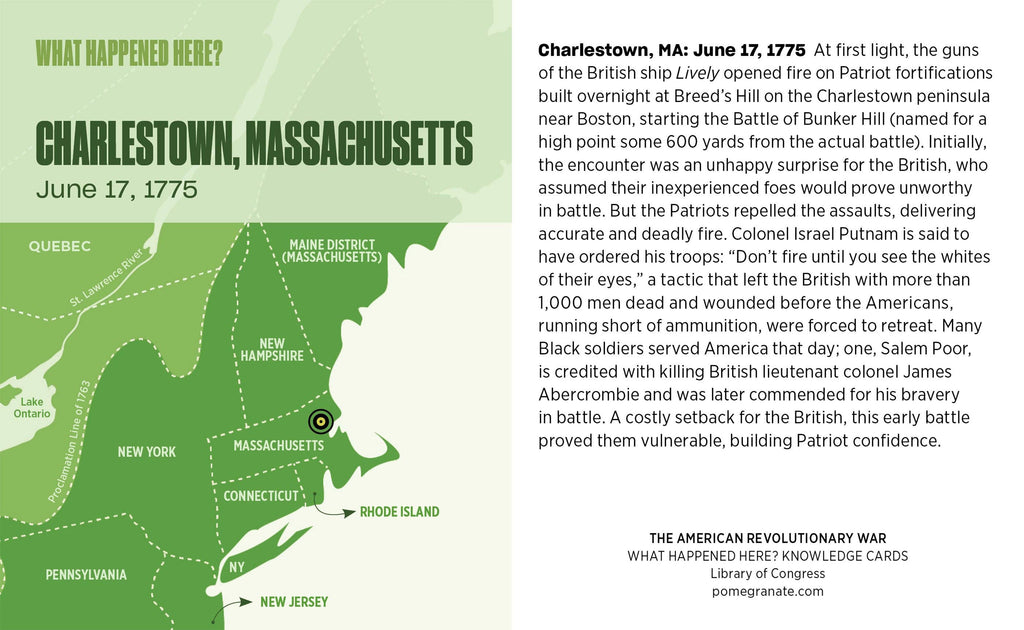 Informational graphic on Charlestown, MA, June 17, 1775, with a Battle of Bunker Hill map—ideal for use with "What Happened Here? The American Revolutionary War Knowledge Cards" or any American history card deck.
