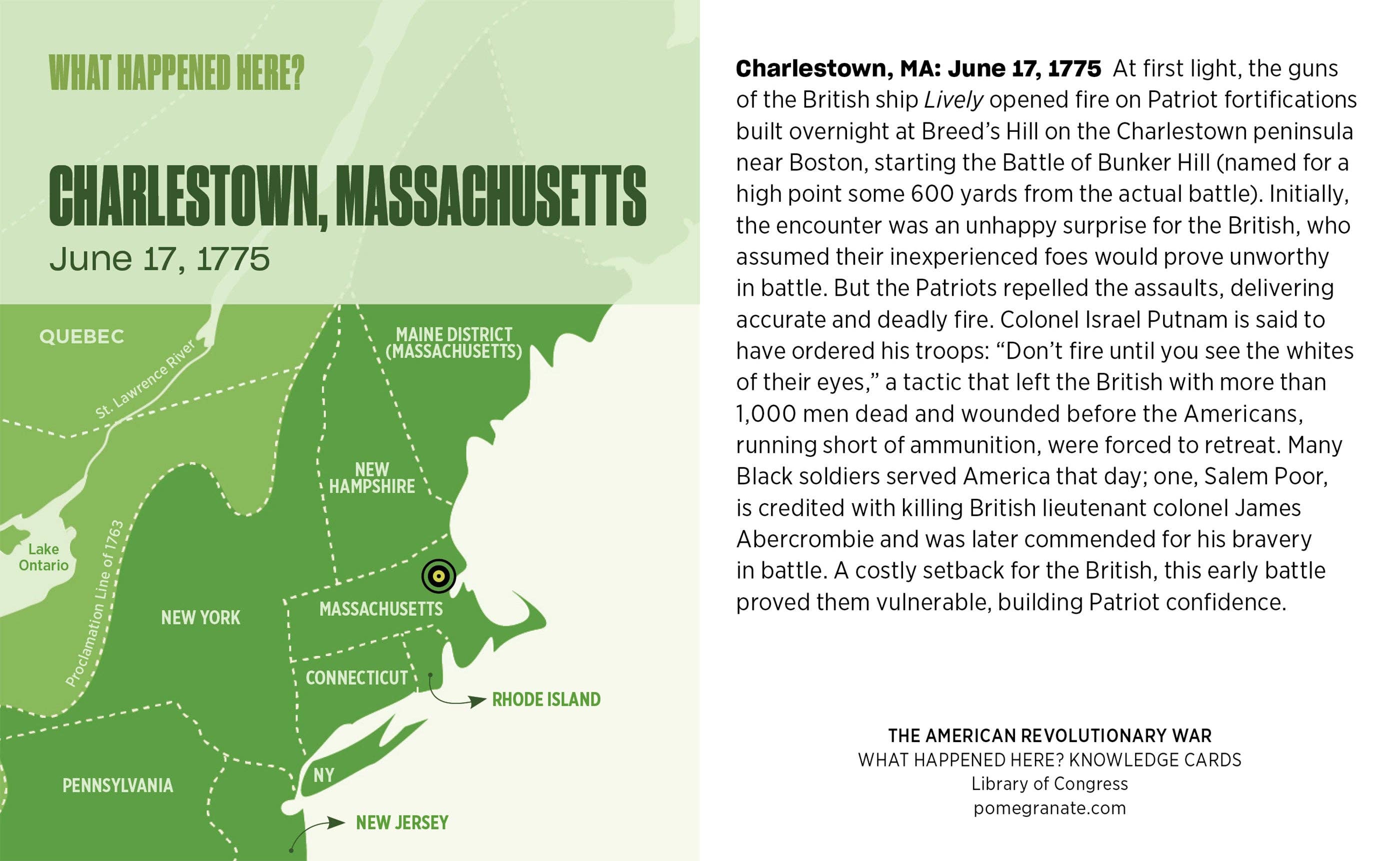 Informational graphic on Charlestown, MA, June 17, 1775, with a Battle of Bunker Hill map—ideal for use with "What Happened Here? The American Revolutionary War Knowledge Cards" or any American history card deck.