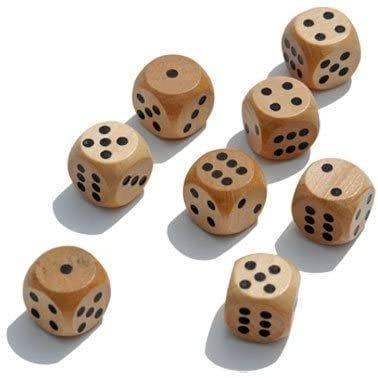 The Wooden Dice Box includes 8 wooden dice, ideal for dice games, displayed on a white surface with faces showing one to six dots.
