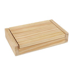 A light-colored, rectangular wooden box with a smooth finish and minimalist design, the Mini 9 Number Shut The Box Game is perfect as a travel-sized dice game, shown resting on a white background.
