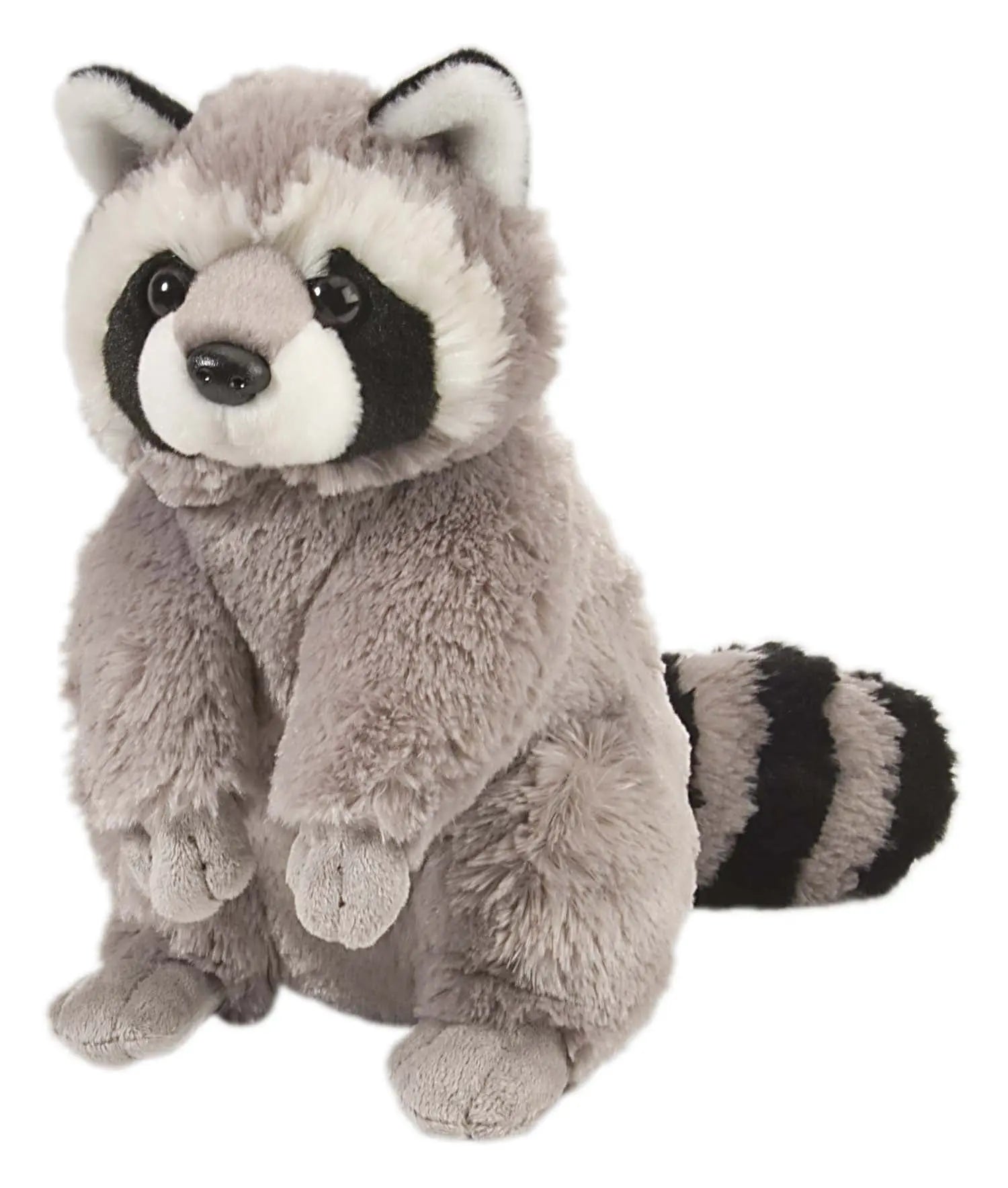 The Stuffed Raccoon is a plush toy with soft gray fur, black and white facial markings, a black nose, and a bushy tail with black stripes, sitting upright on a white background.