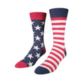 Stars and Stripes Socks: one features white stars on blue with a red toe, the other has red and white stripes with a blue toe.