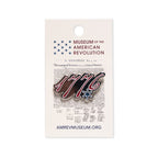 Show your patriotic spirit with the 1776 Pin, featuring red, white, and blue colors. It comes on a card displaying the Museum of the American Revolution logo and a subtle backdrop of the Declaration of Independence.