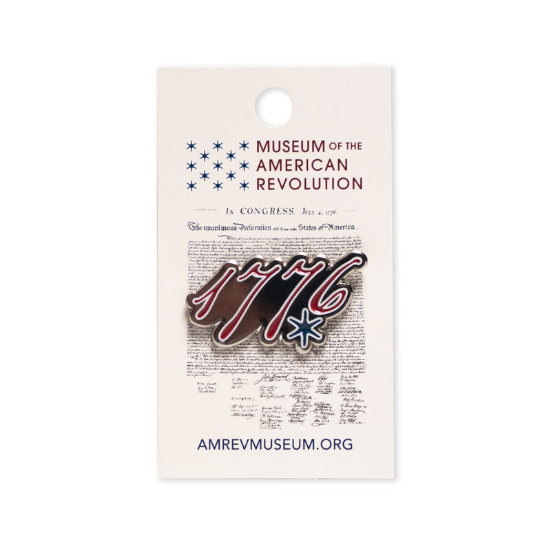 Show your patriotic spirit with the 1776 Pin, featuring red, white, and blue colors. It comes on a card displaying the Museum of the American Revolution logo and a subtle backdrop of the Declaration of Independence.