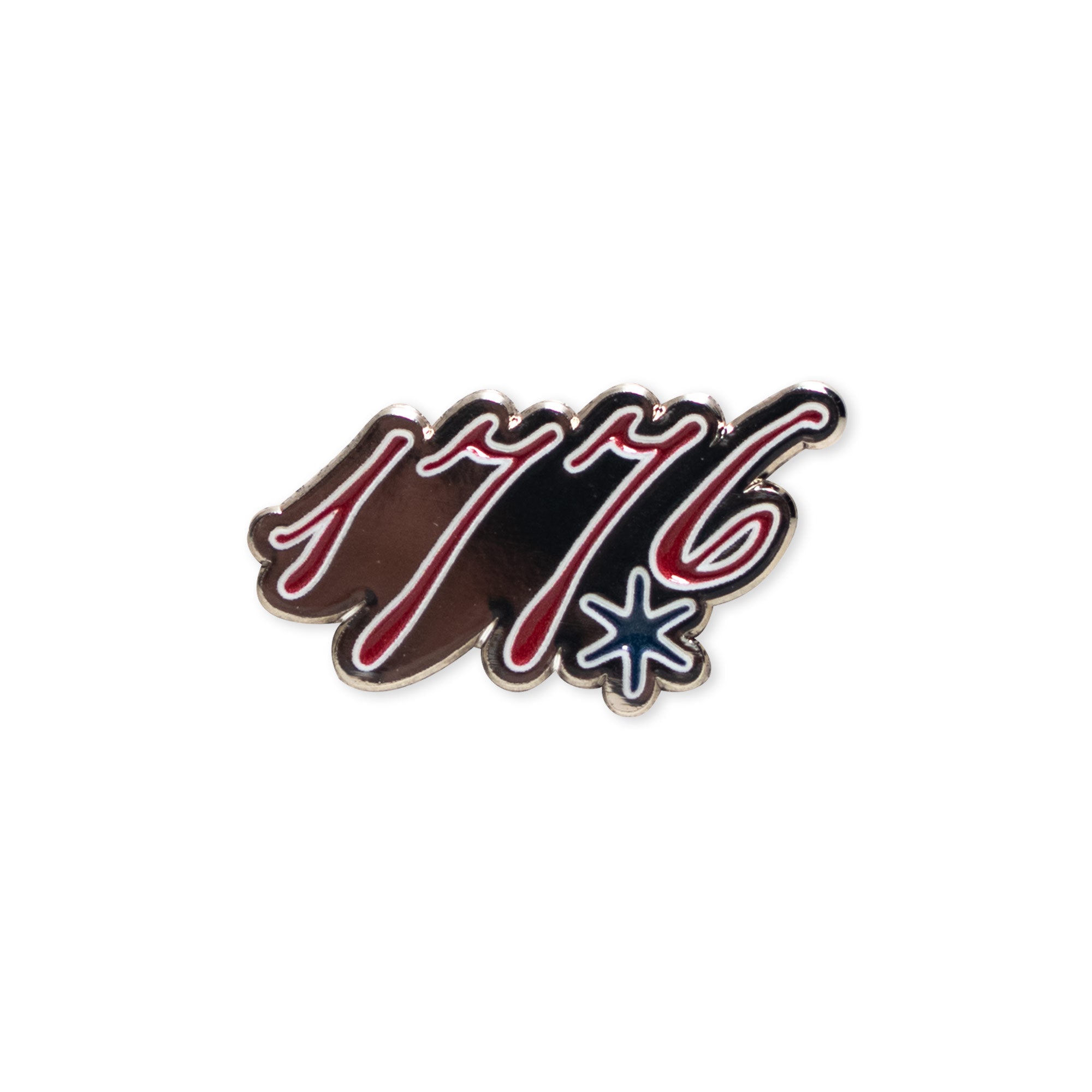 Show your patriotic spirit with the 1776 Pin, featuring bold red and black cursive numbers, a blue star under the 6, and a crisp white background—a subtle tribute to American independence.
