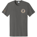 March on Washington T-Shirt in gray with a small beige circular logo — peace sign and "1963 March on Washington" — on the left chest, plus a beige inscription on the left sleeve.