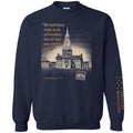 The Thomas Jefferson Sweatshirt in navy blue features a sketch of Independence Hall, an equality quote, a vintage photo, and "AMERICAN REVOLUTION" with stars on the sleeve.