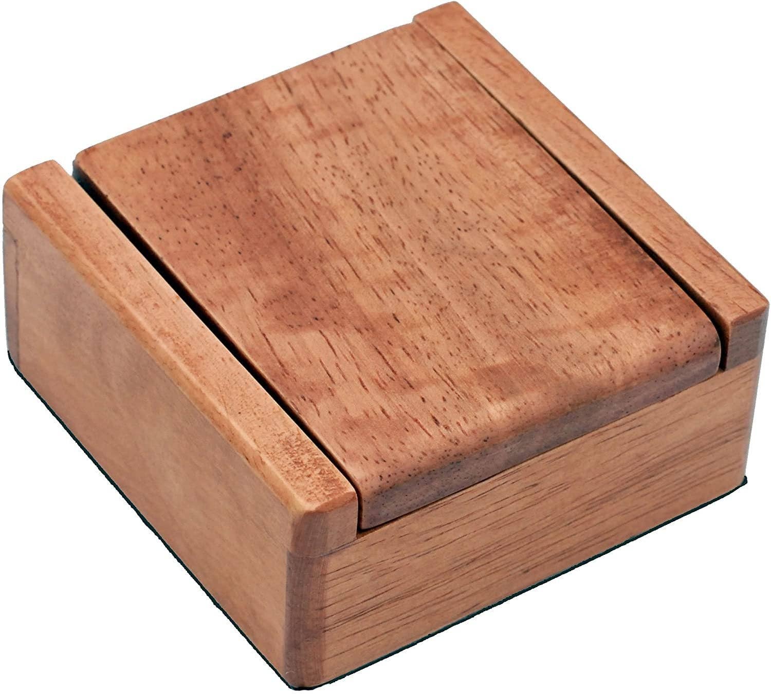 The Wooden Dice Box and 8 Wooden Dice features a square, light brown wooden box with smooth surfaces and a sliding lid, ideal for storing the included dice or as a stylish treasure box, shown against a white background.
