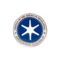 A round silver and blue Challenge Coin featuring a six-pointed white star at the center and a border that reads "Museum of the American Revolution" and "America's 250th Anniversary.