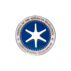 A round silver and blue Challenge Coin featuring a six-pointed white star at the center and a border that reads "Museum of the American Revolution" and "America's 250th Anniversary.