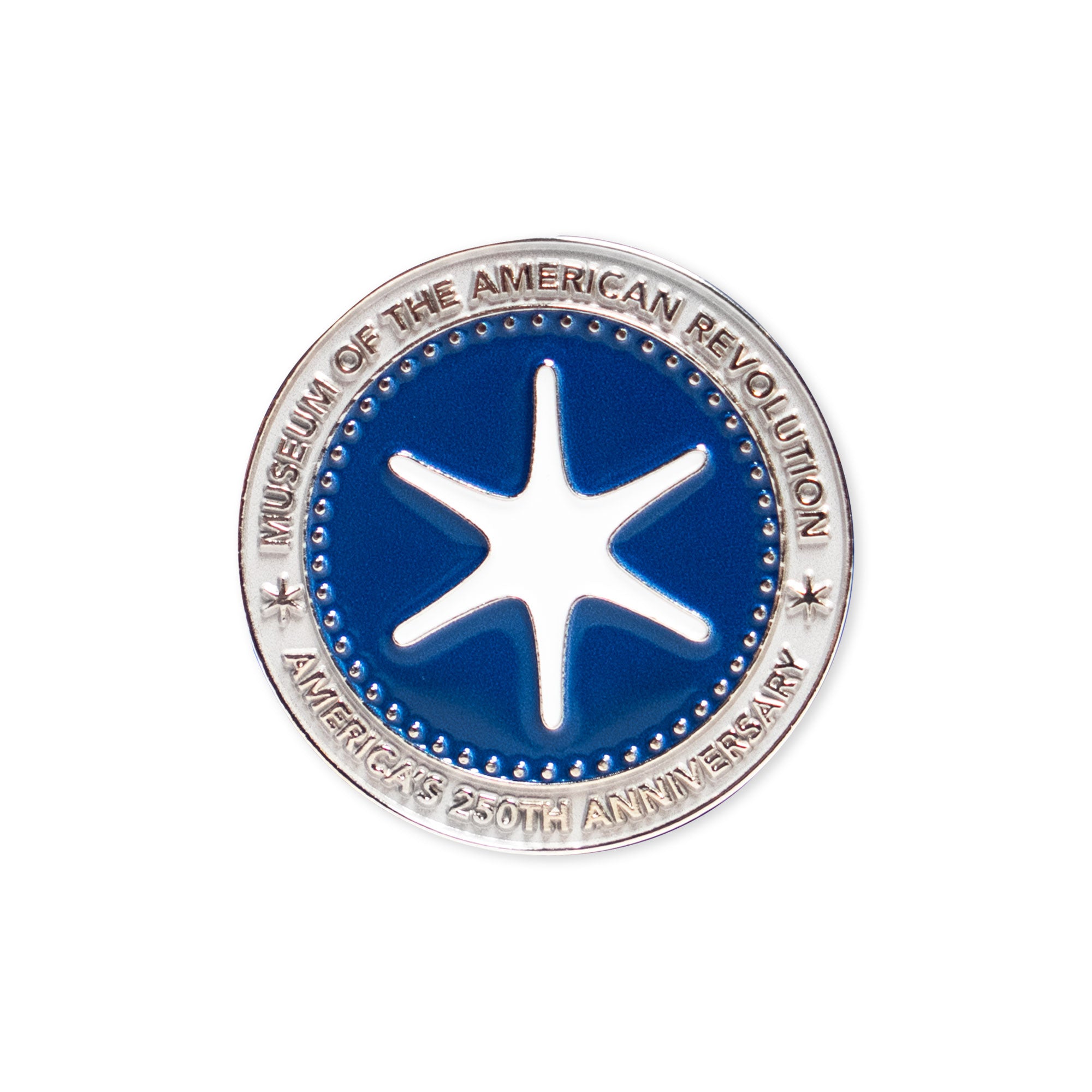A round silver and blue Challenge Coin featuring a six-pointed white star at the center and a border that reads "Museum of the American Revolution" and "America's 250th Anniversary.
