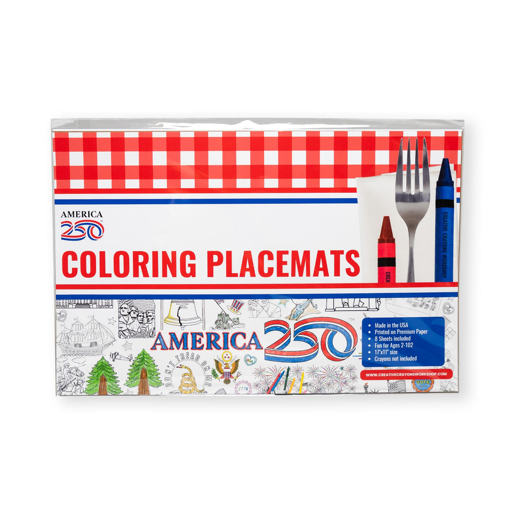America 250 Coloring Placemats celebrate America’s 250th anniversary with a red and white checkered border, fork and knife design, two crayons, themed illustrations, and fun history activities for kids—product details appear on the packaging.