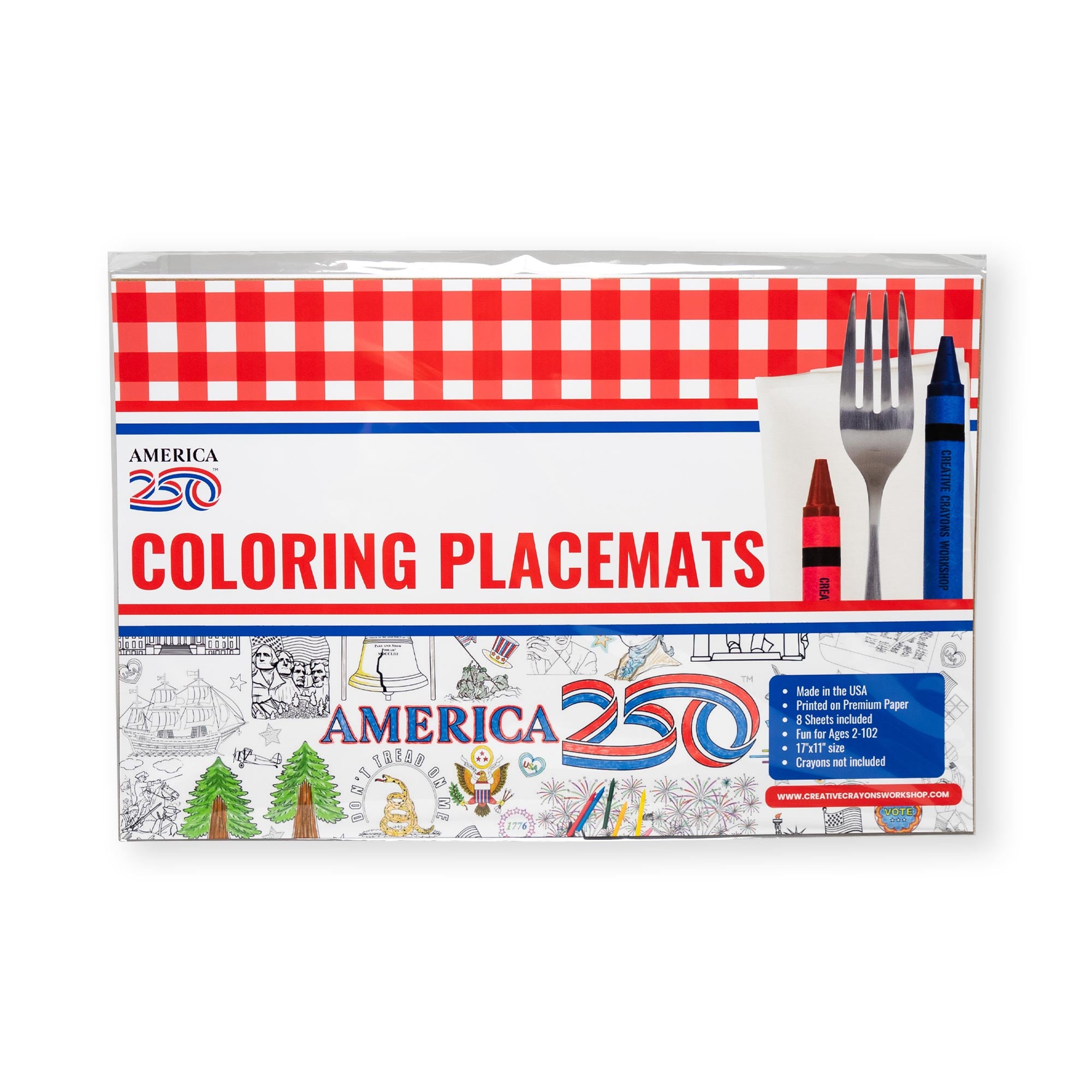 America 250 Coloring Placemats celebrate America’s 250th anniversary with a red and white checkered border, fork and knife design, two crayons, themed illustrations, and fun history activities for kids—product details appear on the packaging.