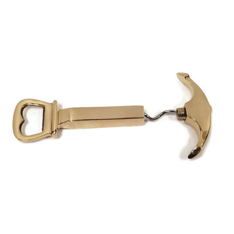 The Solid Polished Brass Anchor Corkscrew & Bottle Opener is a stylish bar tool featuring a gold finish, anchor design, and dual-function opener and corkscrew—perfect for effortless entertaining.