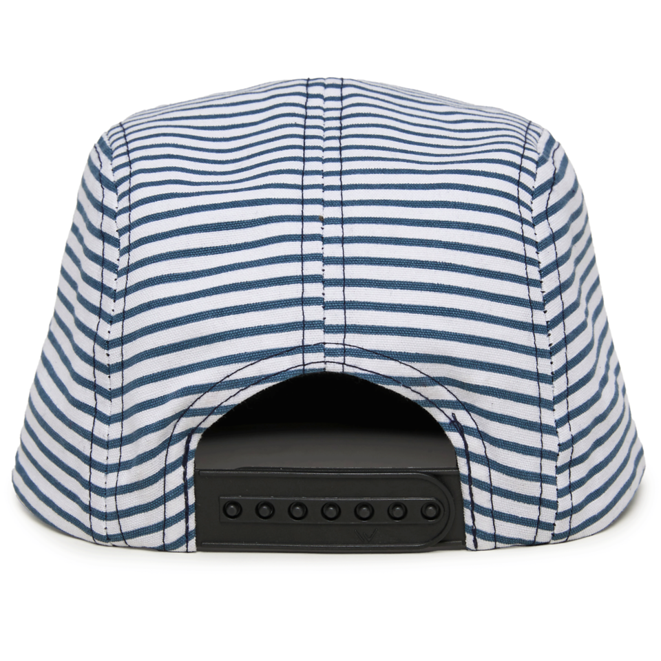 A close-up of the back of the Strped Camper Hat, Baby/Toddler, featuring blue and white cotton stripes and an adjustable black plastic snapback closure.