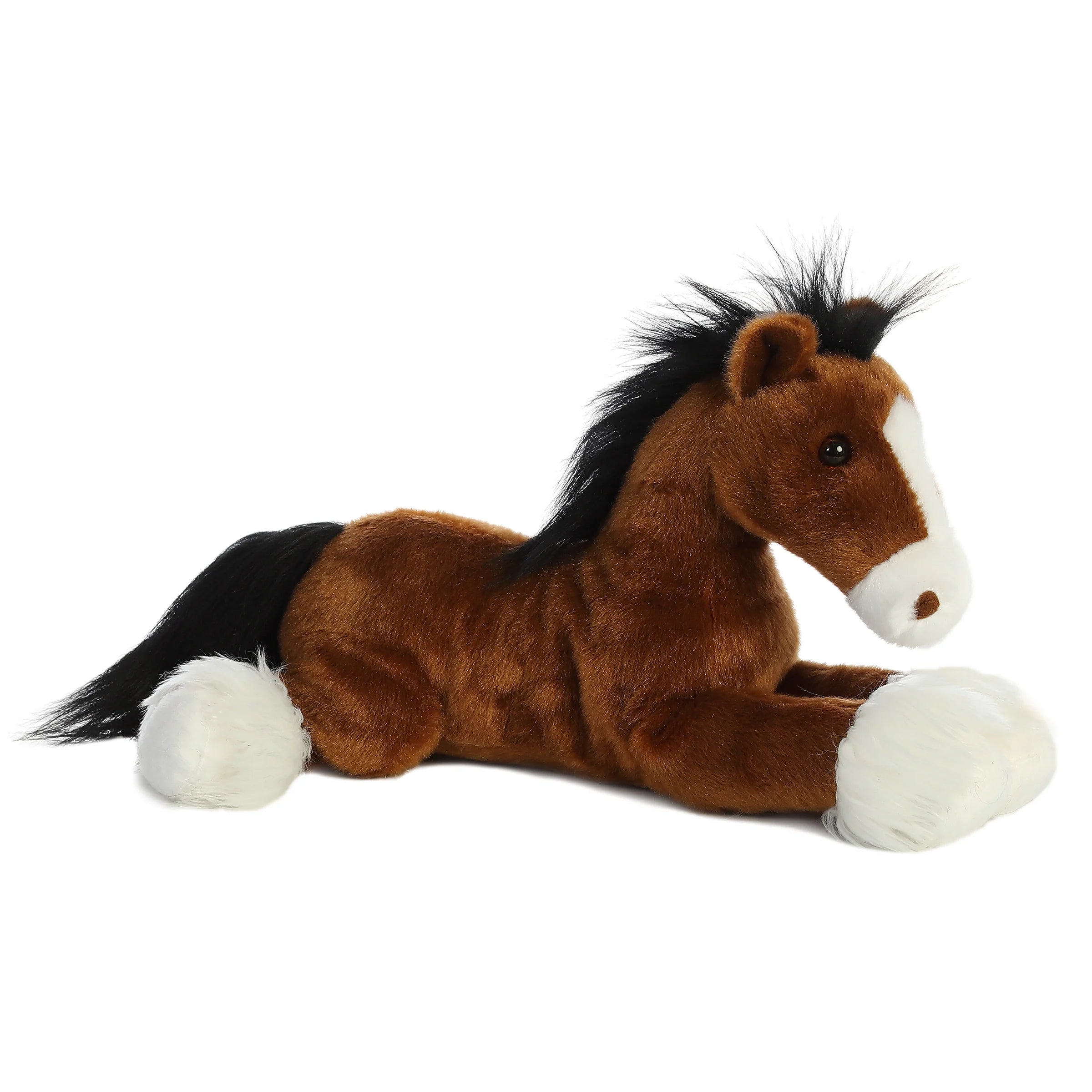 The Brown Horse Plush features a brown body, white snout and legs, plus a black mane and tail—ideal for imagining George Washington riding into the Revolutionary War.