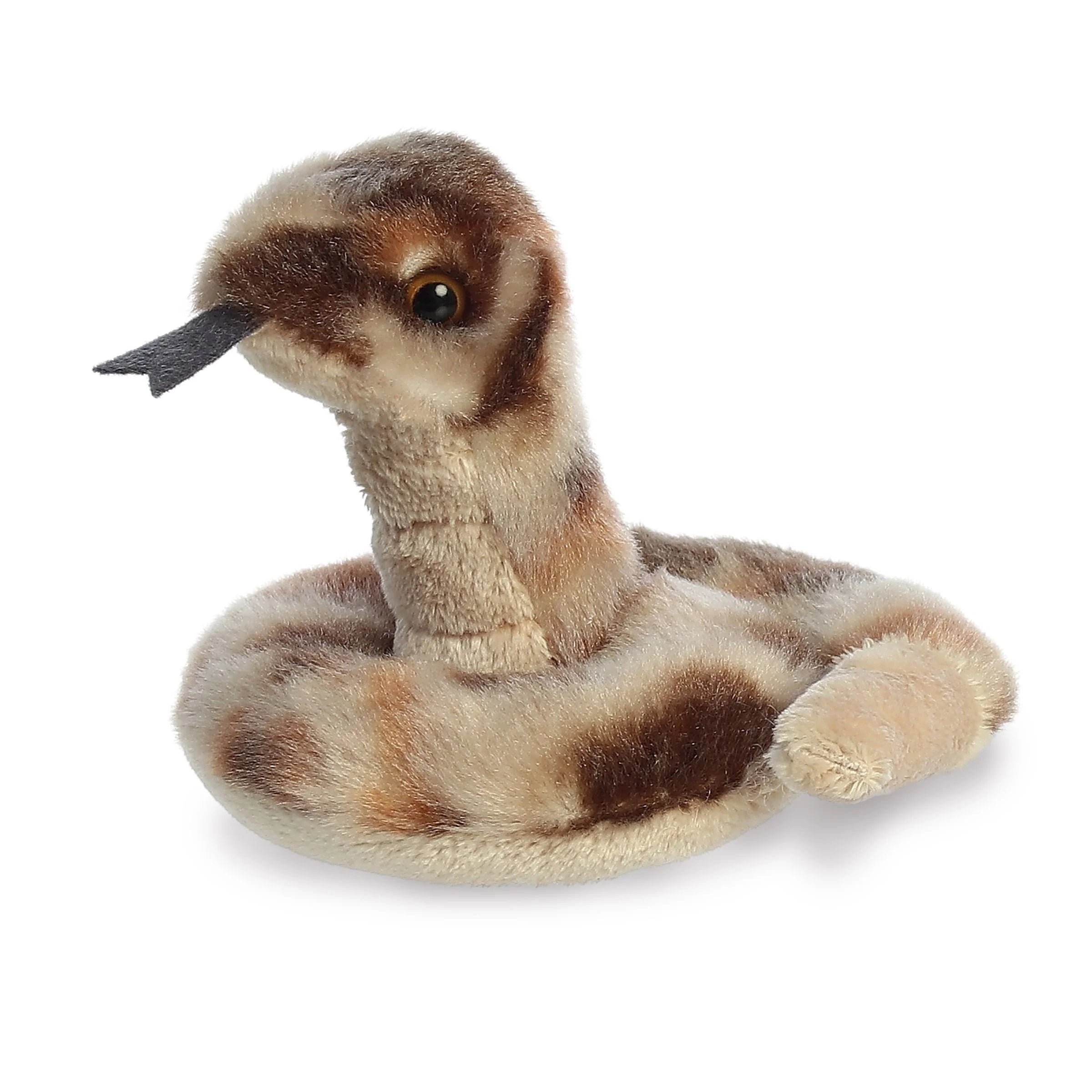 Slithers Snake, the Magnetic Shoulderkins Stuffed Animal, features brown and tan spots, a coiled body, and a black felt tongue—perfect for perching on your shoulder as a cuddly companion.