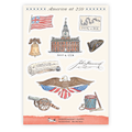 The America at 250 Sticker Sheet features watercolor vinyl stickers of the Liberty Bell, Independence Hall, a colonial hat, bald eagle, drum, cannon, Betsy Ross flag, and historical documents.