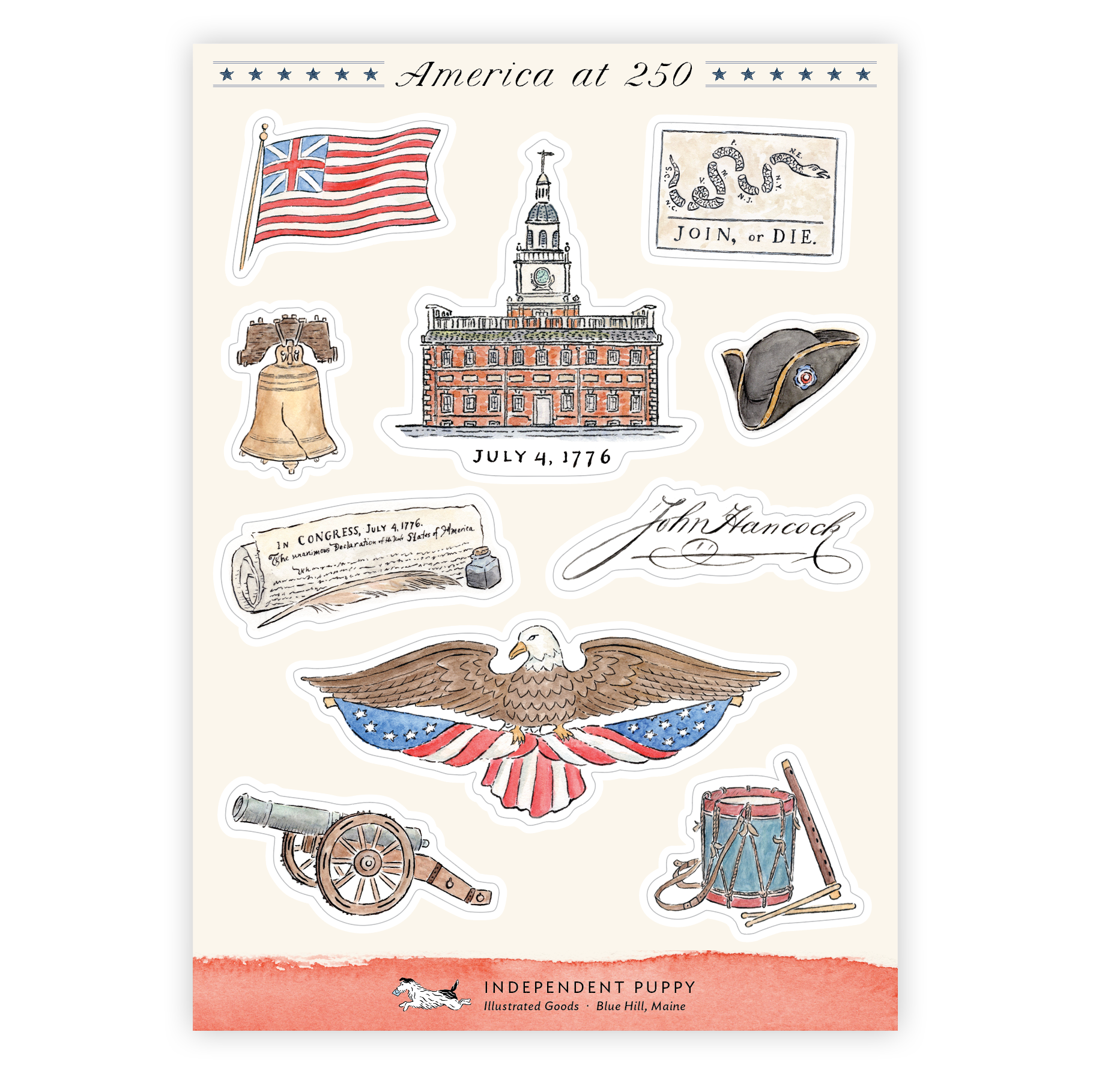 The America at 250 Sticker Sheet features watercolor vinyl stickers of the Liberty Bell, Independence Hall, a colonial hat, bald eagle, drum, cannon, Betsy Ross flag, and historical documents.