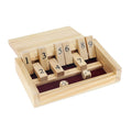 The Mini 9 Number Shut The Box Game is a travel-sized wooden dice game featuring upright numbered tiles from 1 to 9 and two six-sided dice showing a five and a six, all neatly contained in a rectangular wooden box with a sliding lid.