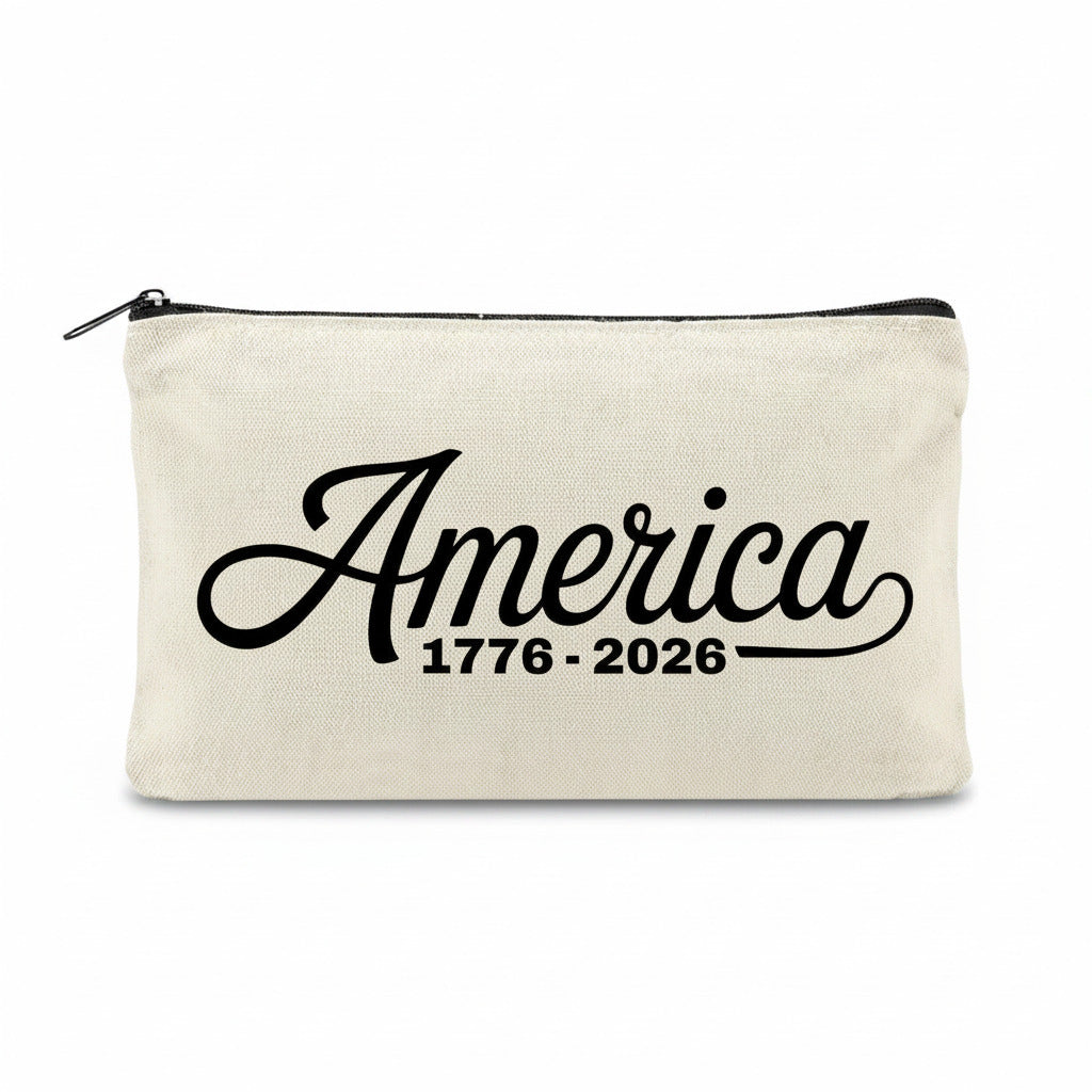 Celebrate America's 250th with the beige "250th Anniversary America Canvas Bag," a patriotic zipper pouch featuring "America" in black cursive and "1776-2026" below.