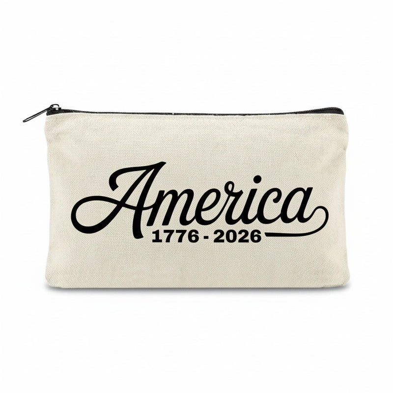 Celebrate America's 250th with the beige "250th Anniversary America Canvas Bag," a patriotic zipper pouch featuring "America" in black cursive and "1776-2026" below.