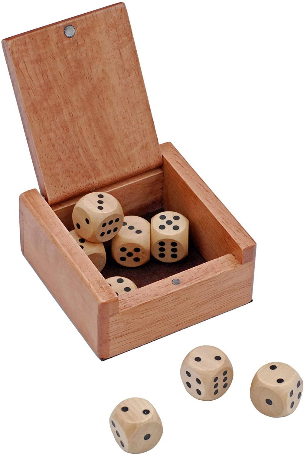 The Wooden Dice Box and 8 Wooden Dice set features a wooden box with an open lid holding four dice, while three more dice are displayed in front on a white background—ideal for dice games.