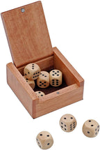 The Wooden Dice Box and 8 Wooden Dice set features a wooden box with an open lid holding four dice, while three more dice are displayed in front on a white background—ideal for dice games.