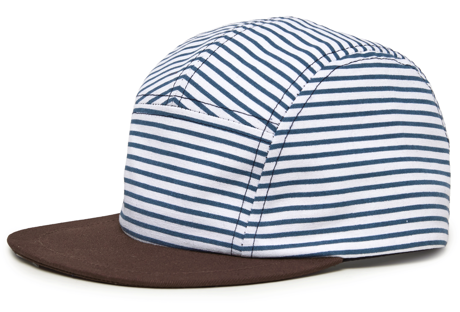 The Strped Camper Hat, Baby/Toddler is a five-panel cotton hat for kids, featuring blue and white horizontal stripes and a flat dark brown brim, shown from the side. This stylish camper hat offers an adjustable snapback to ensure the perfect fit.