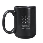 The Join or Die Mug is a black ceramic mug with white stars and "Museum of the American Revolution" text. It has a large handle and matte finish.