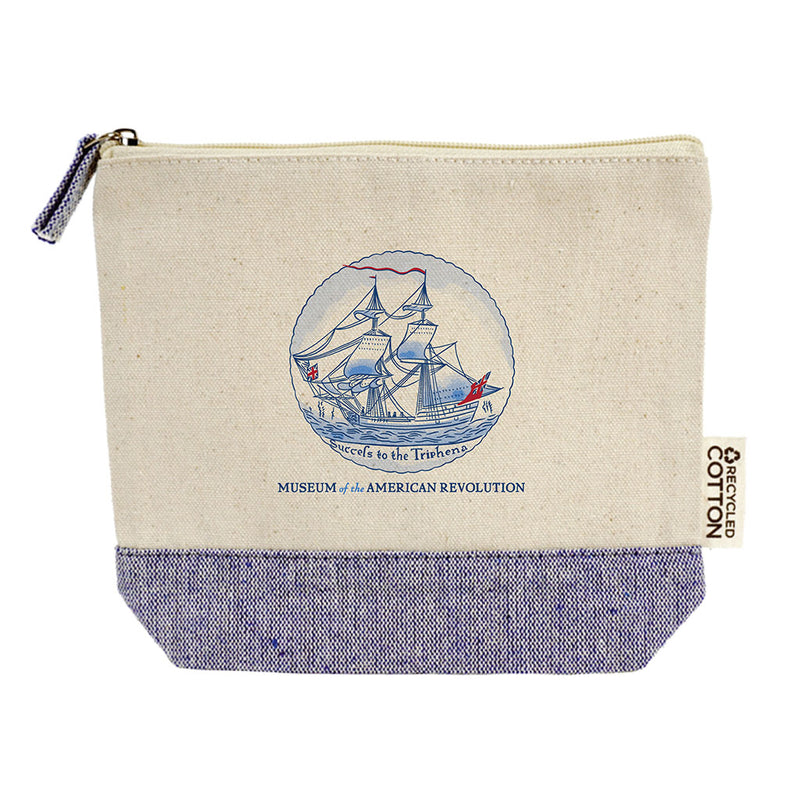 The "Success to the Triphena" Pouch is a beige and blue zippered pouch featuring a historic sailing ship, “SUCCESS to the Triphena” text, and Museum of the American Revolution branding. 