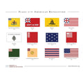 The Revolutionary War Flag Print features 14 historic American Revolution flags, each labeled with its name and year. Designs include stripes, stars, snakes, and pine trees, all arranged in a 4x4 grid.