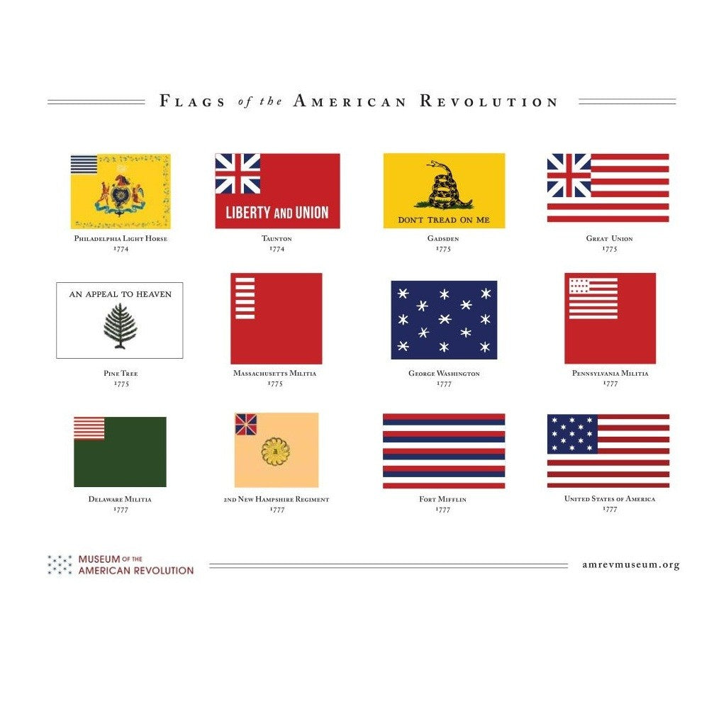 The Revolutionary War Flag Print features 14 historic American Revolution flags, each labeled with its name and year. Designs include stripes, stars, snakes, and pine trees, all arranged in a 4x4 grid.
