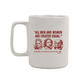 Raise a toast to history with the Seneca Falls Mug, featuring bold red text “ALL MEN AND WOMEN ARE CREATED EQUAL,” portraits, and “Declaration of Sentiments, Seneca Falls, 1848, USPS” — honoring the women’s rights movement.