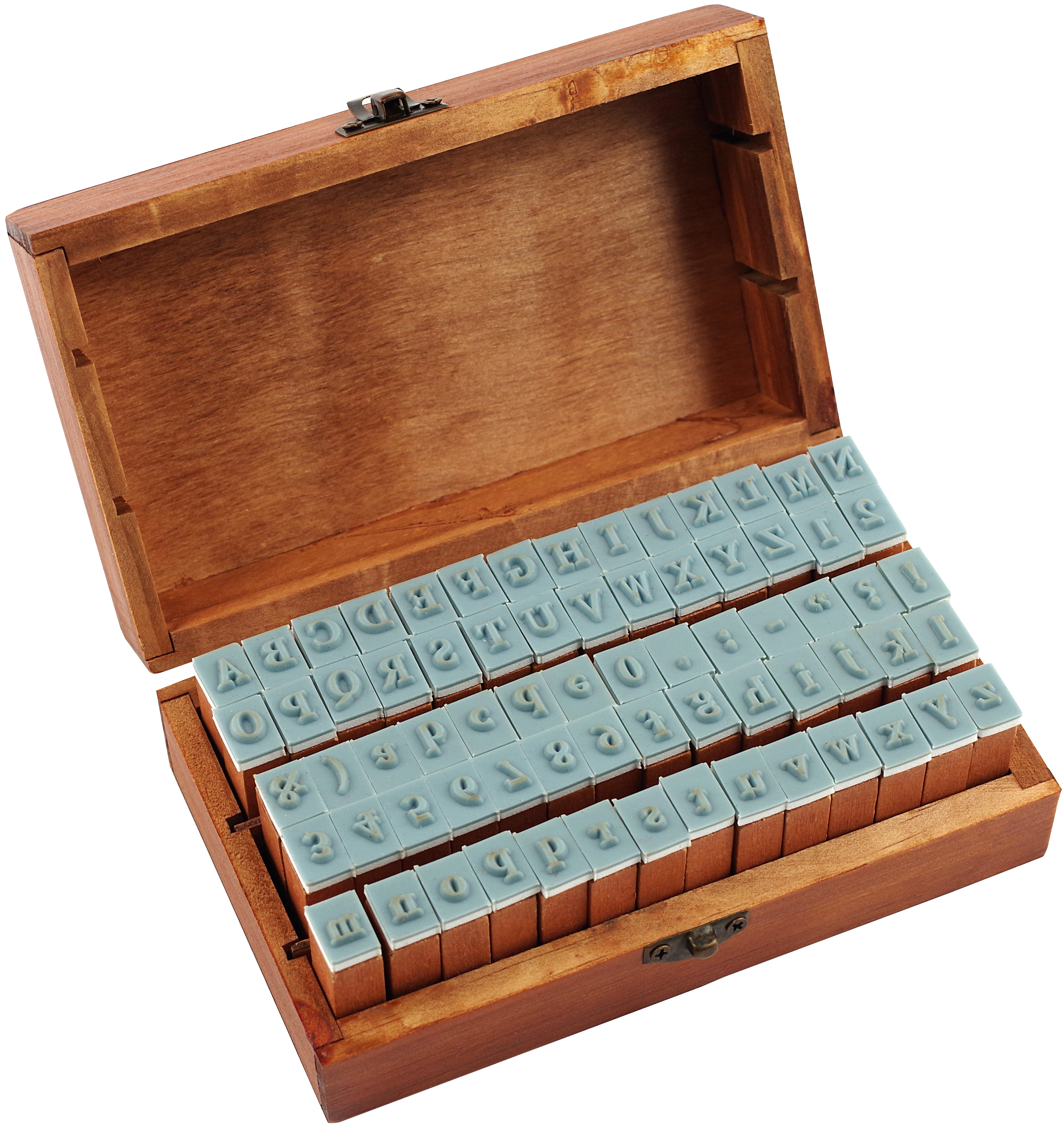 The Letterpress Stamp Set comes in a wooden box with the lid open, displaying two rows of blue rubber-tipped wooden stamps featuring letters, numbers, and symbols arranged neatly inside.