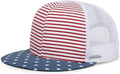 The Stars and Stripes Trucker Hat for babies and toddlers features a red and white striped front, a white mesh back, and a blue brim adorned with white stars—making it the perfect patriotic accessory for little ones.
