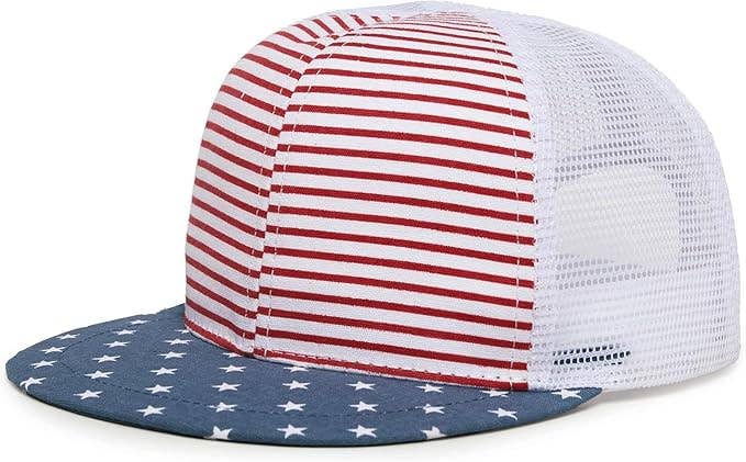 The Stars and Stripes Trucker Hat for babies and toddlers features a red and white striped front, a white mesh back, and a blue brim adorned with white stars—making it the perfect patriotic accessory for little ones.