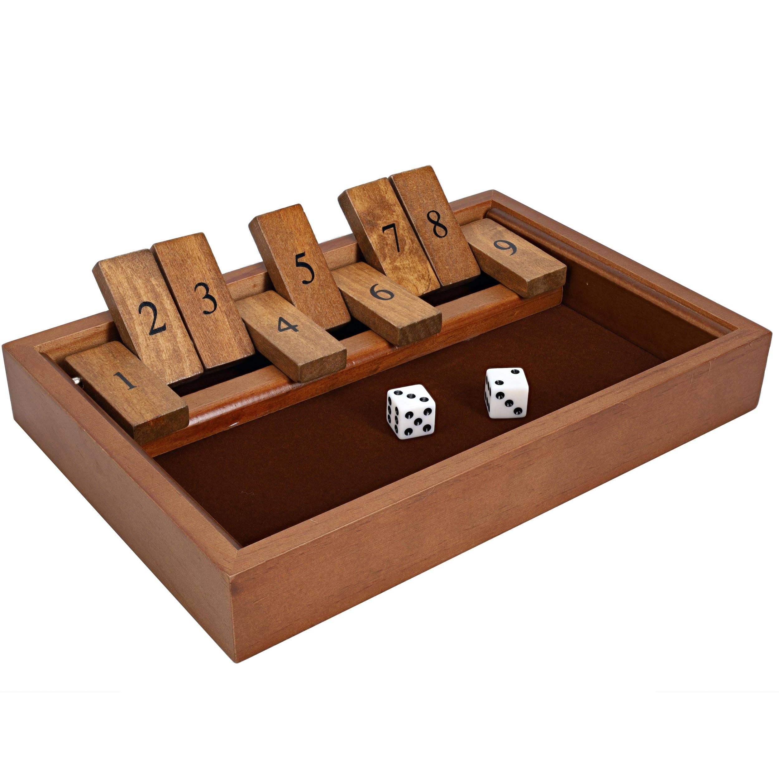 Enjoy family game night with the Shut the Box Board Game, 9 Numbers — a classic wooden game featuring numbered tiles 1–9 and two white dice, perfect for anyone who loves traditional board games.
