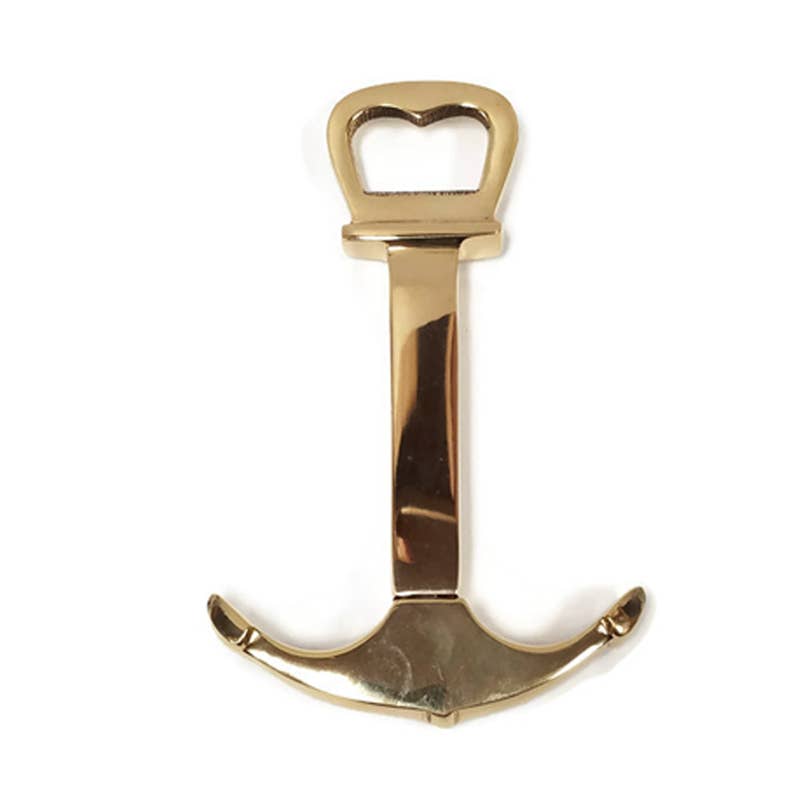 The Solid Polished Brass Anchor Corkscrew & Bottle Opener features a gleaming anchor-shaped design, with a bottle opener at the top and corkscrew base—an elegant, nautical bar tool for enthusiasts.