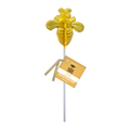 A yellow, bee-shaped "Save The Bee" Lollipop on a white stick with a gold ribbon and tag—ideal for anyone supporting Save The Bee efforts.