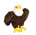 The Mini Stuffed Eagle is a plush toy with a white head, yellow beak and feet, brown body, and soft wings. It stands upright against a white background.