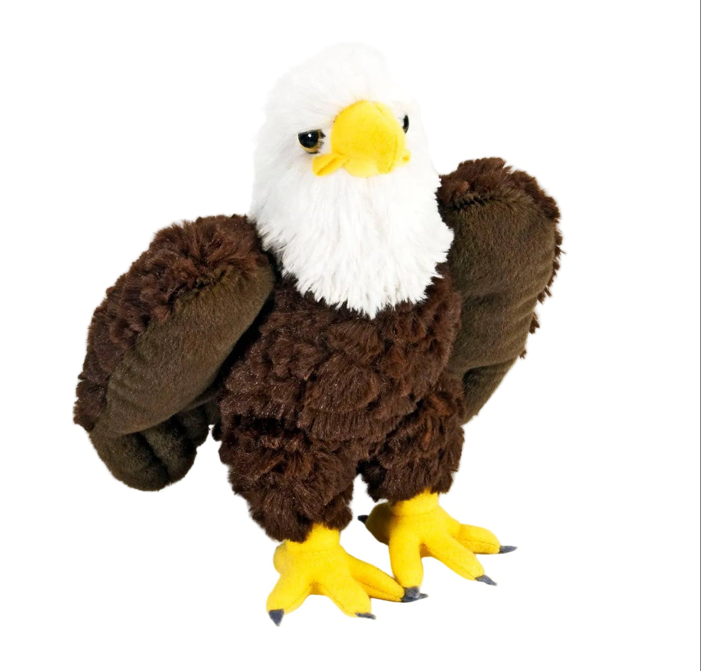 The Mini Stuffed Eagle is a plush toy with a white head, yellow beak and feet, brown body, and soft wings. It stands upright against a white background.