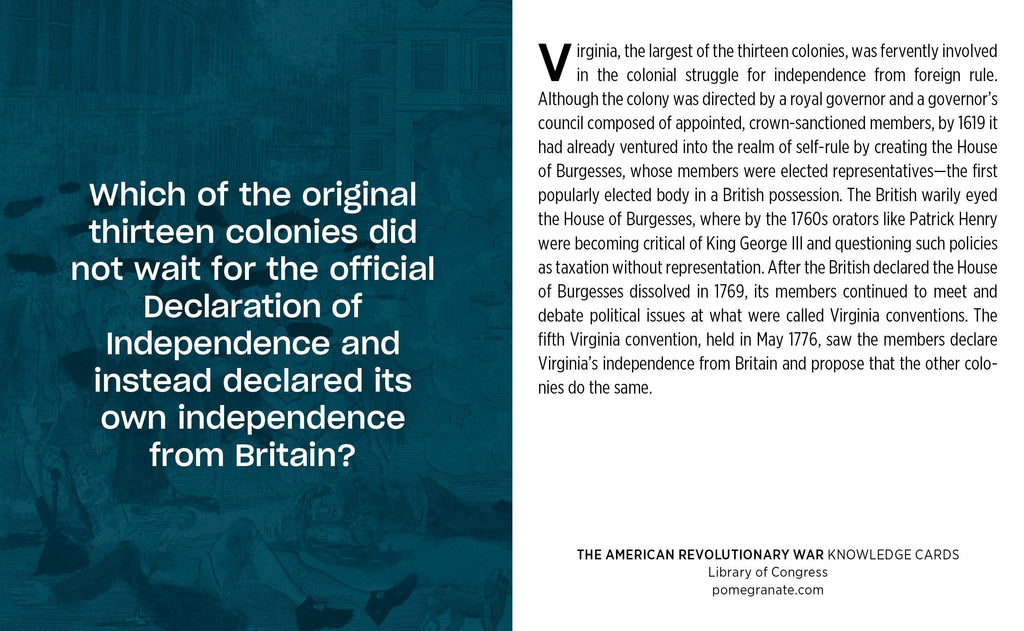 The American Revolutionary War Knowledge Cards feature facts like how Virginia, the largest colony, declared independence in May 1776 — before the official Declaration. 