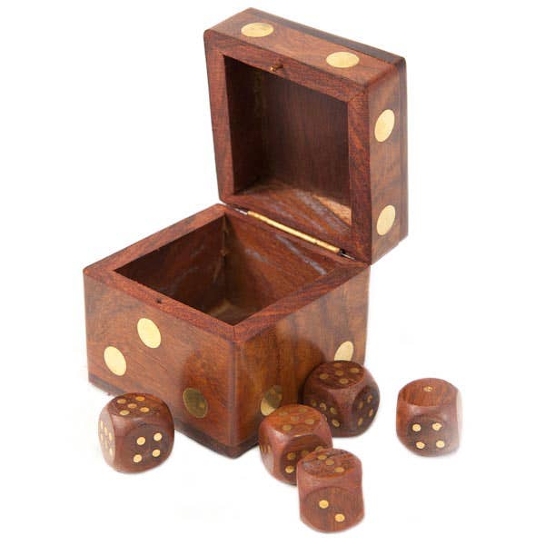 The Wooden Dice Box Set features a hand-carved rosewood dice-shaped box with a hinged lid, shown open and empty. In front, five artisan-made dice with yellow dots are scattered on a white surface.